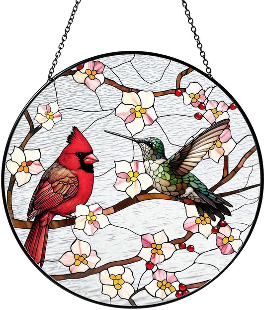 Cardinal&Hummingbird Stained Glass Window Hanging Birds Sun Catcher Cardinal Lover Gifts for Women