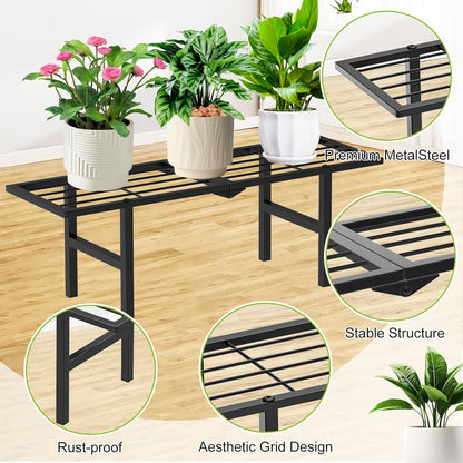 1 Tier Plant Stand Indoor Outdoor, 2 Pack Foldable Heavy Duty Metal Plant Shelf, Multi-Plant Display Flower Pot Holder for Garden Patio Balcony, Black