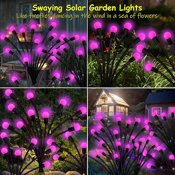 Solar Garden Lights Outdoor, 2 Pack 20 LED Solar Pink Firefly Lights Waterproof, Sway by Wind, Solar Swaying Light for Yard Patio Backyard Garden Planter Flower Bed Pathway Outdoor Decoration