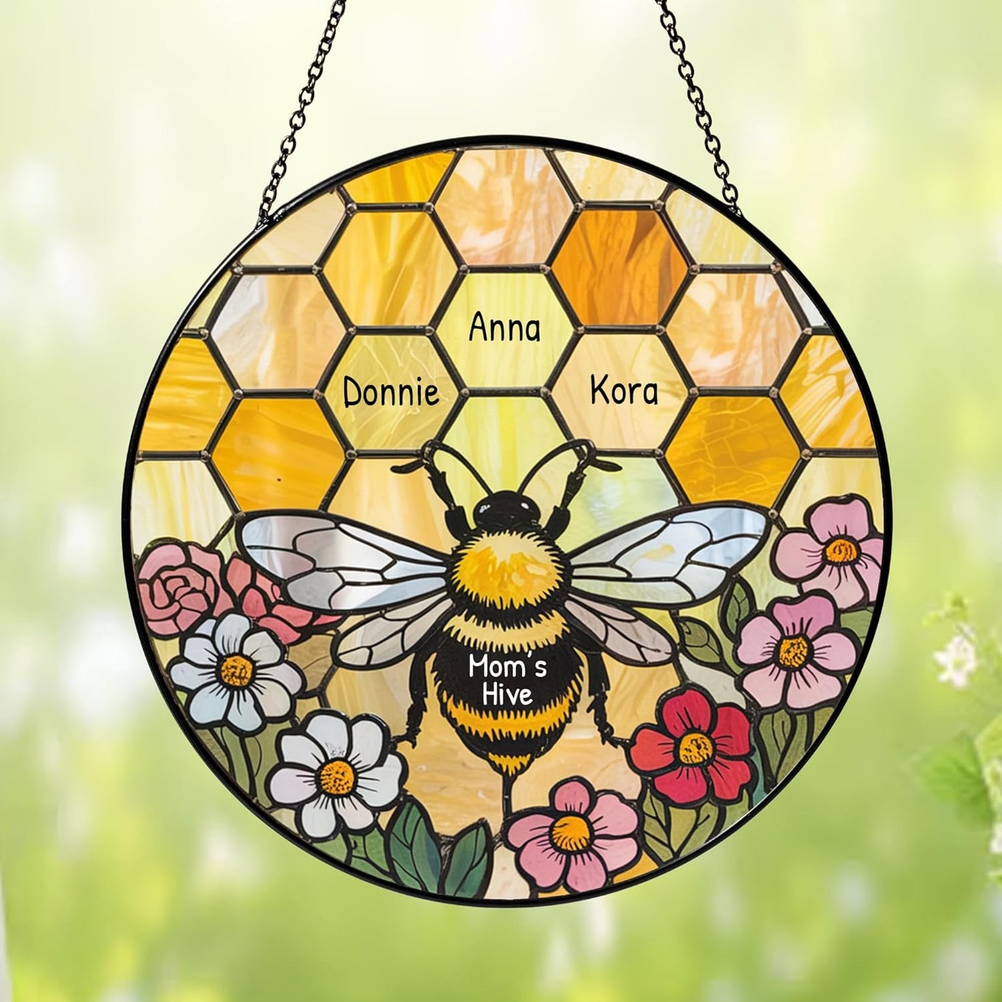 NAZENTI Personalized Grandma's Garden Stained Glass Suncatcher with Birth Month Flowers, Custom Nana's Garden Bee Window Hanging Ornament, Mothers Day Grandma Mom Gifts, Gifts for Nana Mimi