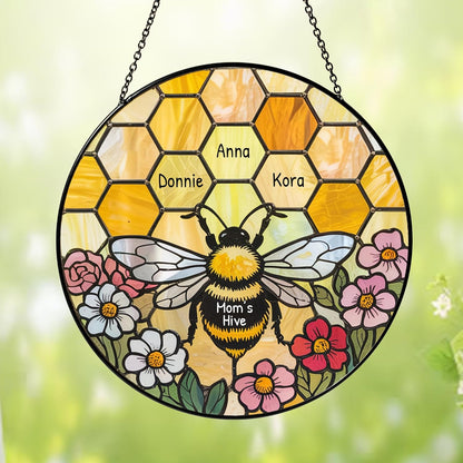 NAZENTI Personalized Grandma's Garden Stained Glass Suncatcher with Birth Month Flowers, Custom Nana's Garden Bee Window Hanging Ornament, Mothers Day Grandma Mom Gifts, Gifts for Nana Mimi