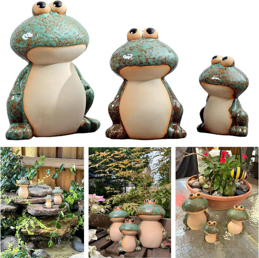 Ceramic Frog Garden Decor Set of 3 - Funny Cute Frog Lawn Ornaments, Outdoor Pond Patio Statues for