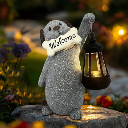 Dog Garden Statue with Solar Lantern, Cute Dog Figurine Light Decor with Welcome Sign for Outdoor Patio Balcony Yard Art, Warming Unique Resin Statue for Mom Grandma Women
