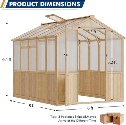 Restland 6x8 FT Wood Greenhouse for Outdoors Reinforced Frame Walk-in Greenhouses with Adjustable Roof Vents & Lockable Door Polycarbonate Green House for Outside