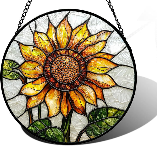 Stained Glass Window Hanging - Sunflower Flower Suncatcher Ready to Hang Window Doors Home