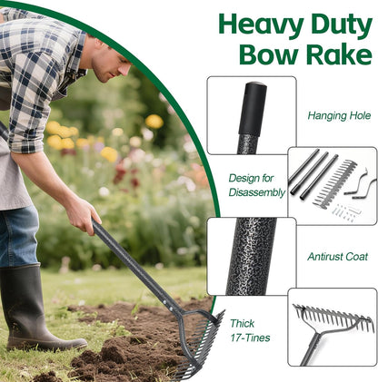 Thatch Rake, 49" Heavy Duty Metal Lawn Leveling Rake with 17 Tines, Garden Tool with Adjustable Long Handle for Looseing Soil, Weede Control