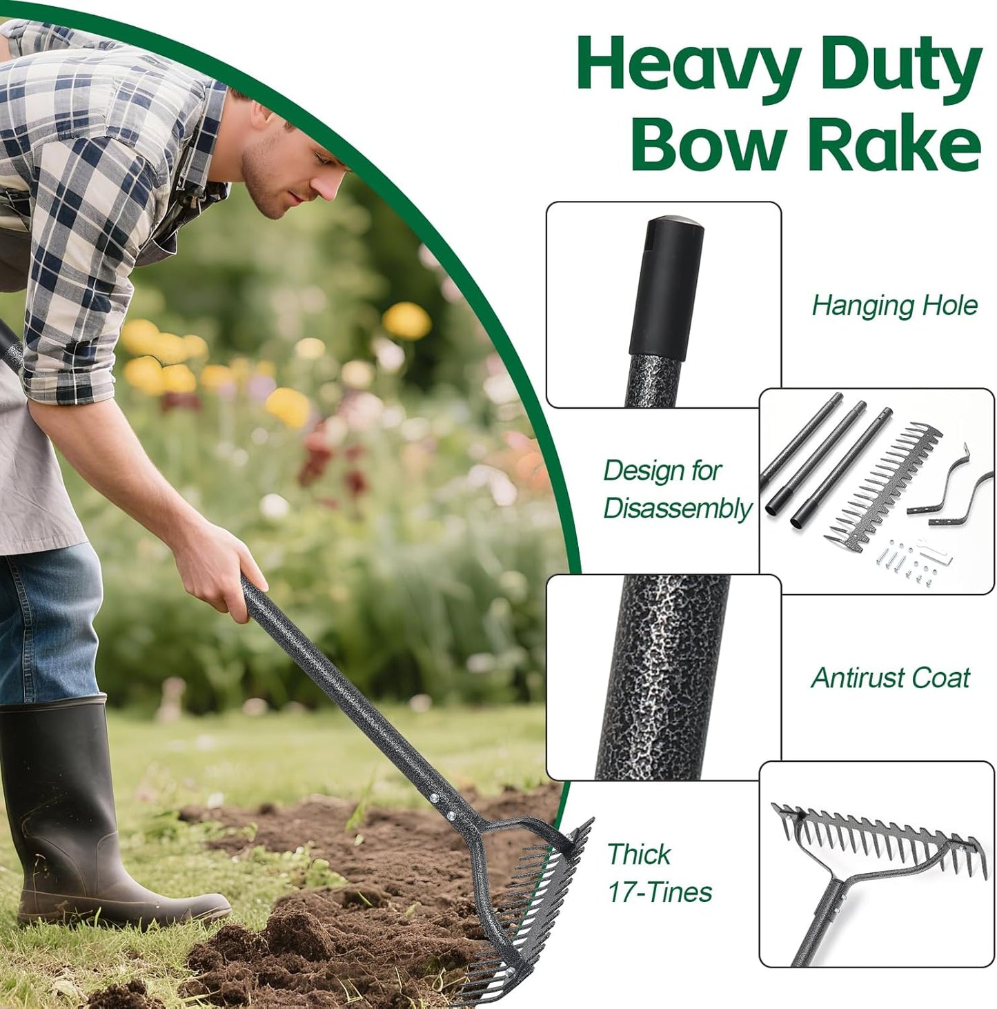 Thatch Rake, 63" Heavy Duty Metal Lawn Leveling Rake with 17 Tines, Garden Tool with Adjustable Long Handle for Looseing Soil, Weede Control