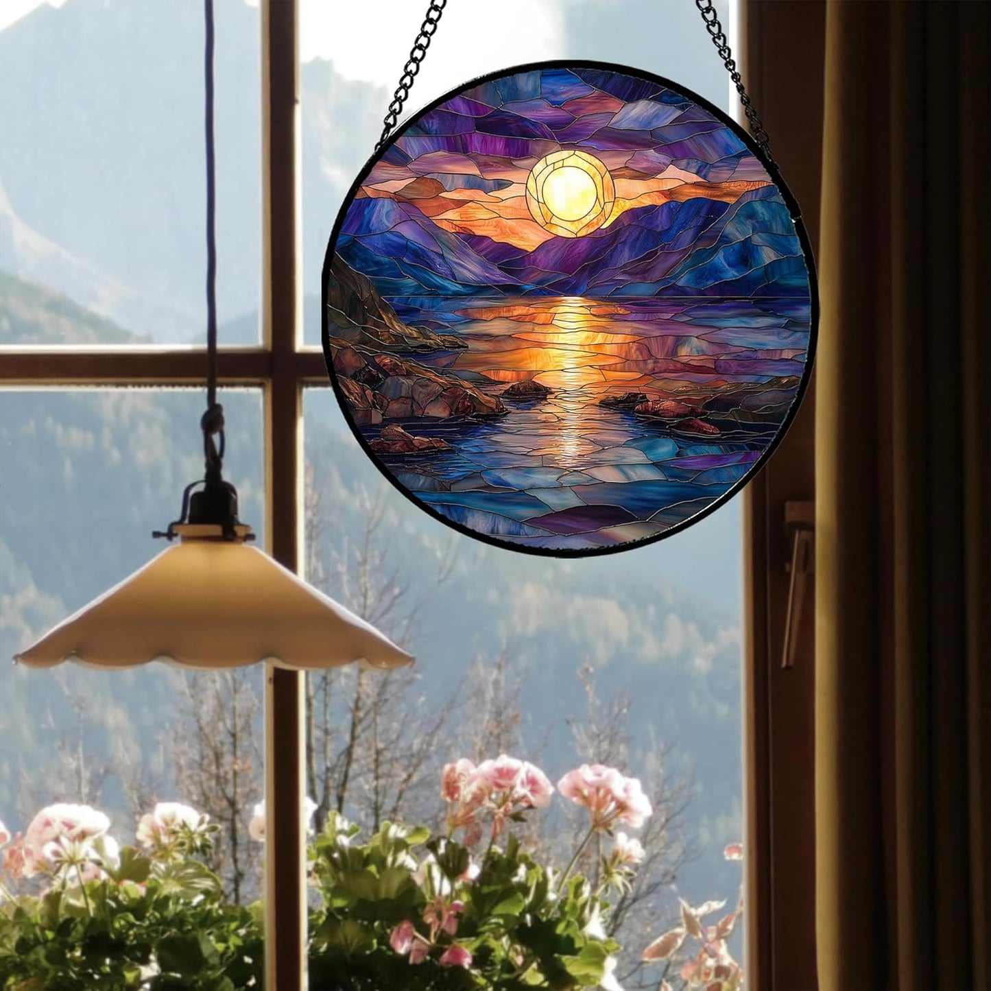 Stained Glass Window Hanging - Blue Purple Lake View Suncatcher for Door Terrace Garden Home Decor Sunset Landscape Sun Catcher Birthday Gifts for Lovers Women Men Dad Mom Nana 7.8 in