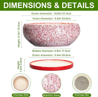 Bonsai Pots 10 Inch - Ceramic Succulent Planters for Indoor Plants Outdoor, Succulent Pots with Drainage Hole and Tray, Round Shallow Planter, Bonsai Planter, Home Decor, Gardening Gift, Red