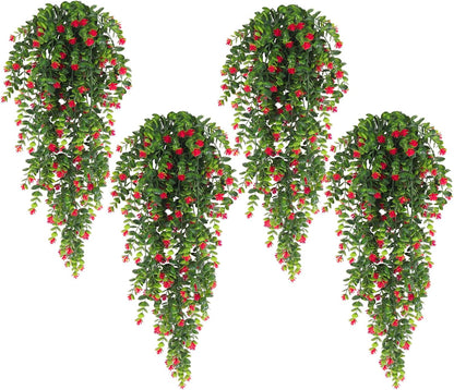 RECUTMS Fake Hanging Eucalyptus Plant Faux Flowers Leaf Greenery Vine Decor UV Resistant 2.5FT for Indoor Outdoor Room Wall Wedding Patio Porch Decor 4 Pack Red
