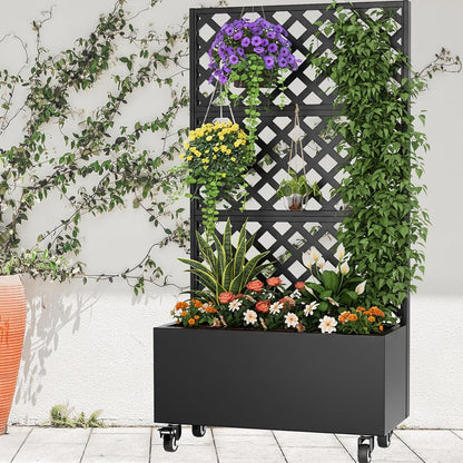 Metal Raised Garden Bed with Trellis and Wheels,72"x 36"x 16" Planter Box with Trellis Privacy Screen,Planter with Trellis and Drainage Holes for Climbing Plants,Vegetables & Vines,Outdoor Plants