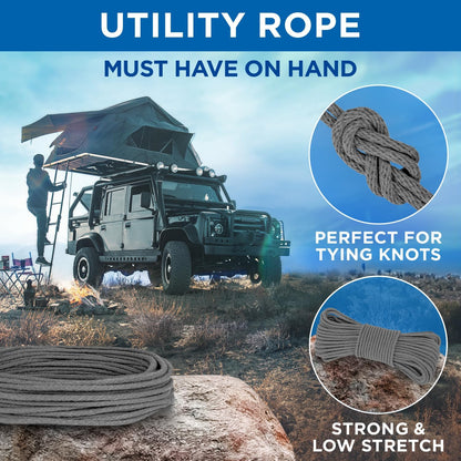TECEUM Cotton Rope 3/16” (5 mm) – 50 FT – Strong All-Purpose Braided Rope – Natural Cotton – for Crafting, Сamping, Clothes Line, DIY, Indoor & Outdoor Use – Gray