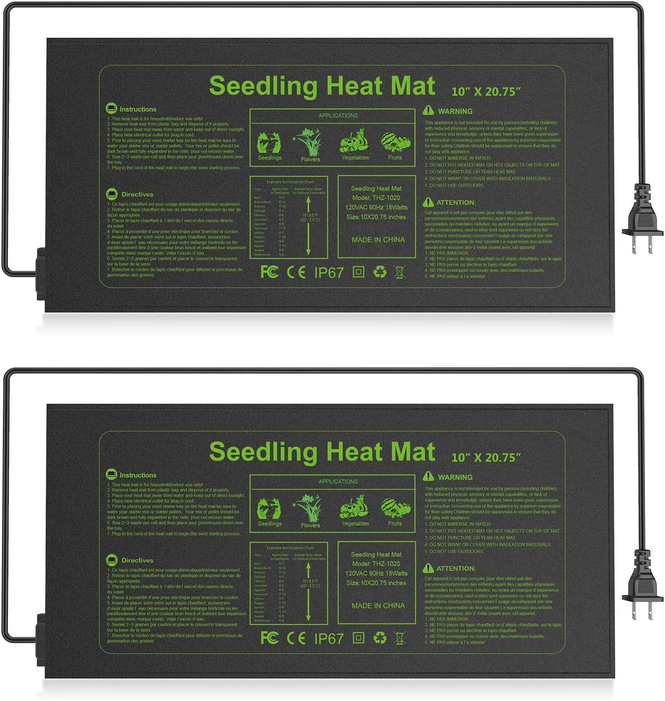2 Pack Seedling Heat Mat 10X20.75`` Durable Waterproof Plant Heating Pad Warm Hydroponic Heating Mat for Seed Starting Germination Plant Propagation