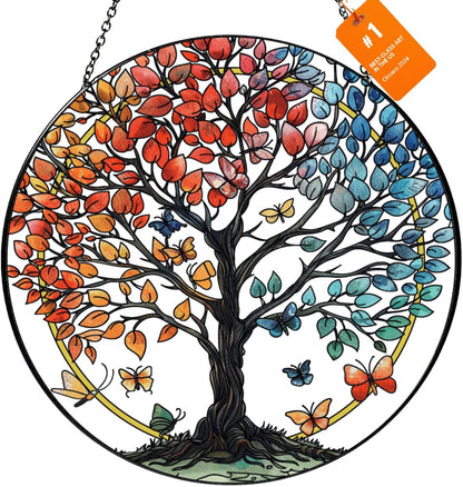 Stained Glass Sun Catcher for Windows Hanging - Handmade Tree of Life Window Decor for Women, Mom, Indoor/Outdoor Suncatchers for Home Garden, Christmas Wedding Housewarming Gift (6.31x6.31In)