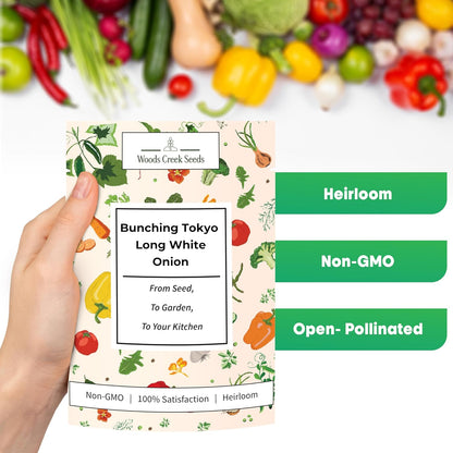 Woods Creek Seeds: Bunching Tokyo Long White Onion Seeds for Planting - Heirloom Green Onion Seeds for Planting - Non-GMO Heirloom Seed Pack of Crisp Onions for Outdoors and Home Gardening