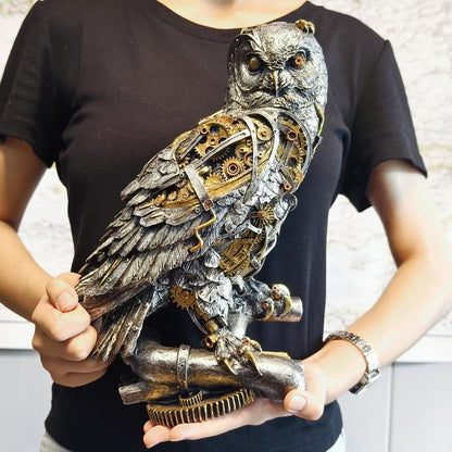 Steampunk Owl Statue 11.6'' H Metallic Silver and Gold Gothic Collectible Animal Figurine Wisdom Gift Owl Sculpture for Home Office Decoration Living Room Tabletop Mantel