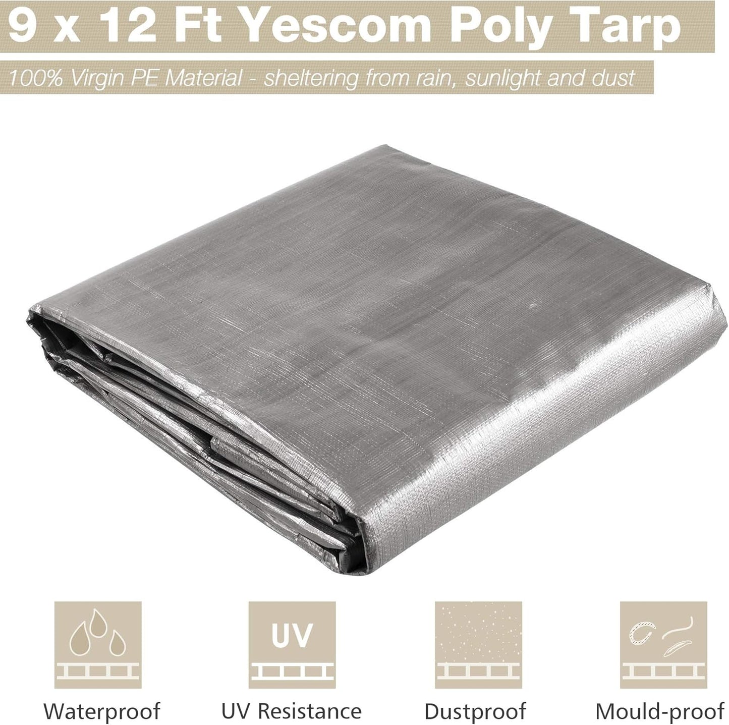 Yescom 9x12ft Heavy Duty Reinforced Poly Tarp Waterproof Tarpaulin 10-mil Ground Sheet Camping Tent Cover with Eyelets Reversible Silver Black Tarps