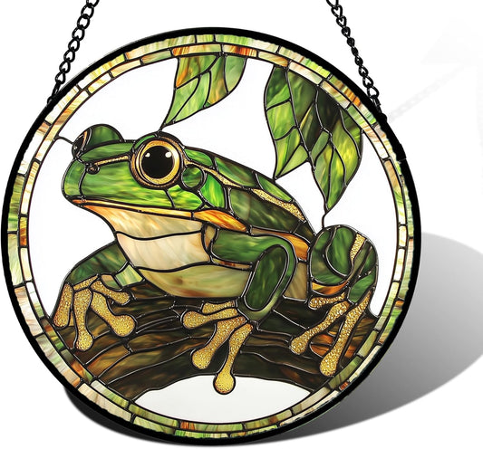 Stained Glass Window Hanging, Frog Green Leaf Sun Catchers Colorful Glass Panel Cool Suncatcher