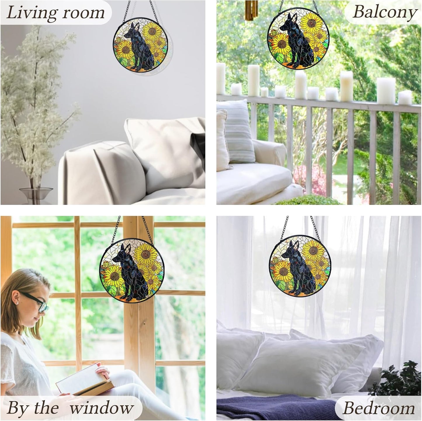 kdqua German Shepherd Sunflower Suncatcher Stained Glass Window Hanging, German Shepherd Gifts Sun Catchers Indoor Window Glass Round Wall Decor, Dog Wall Art Hanging Decorations Statues, 7.9x7.9in
