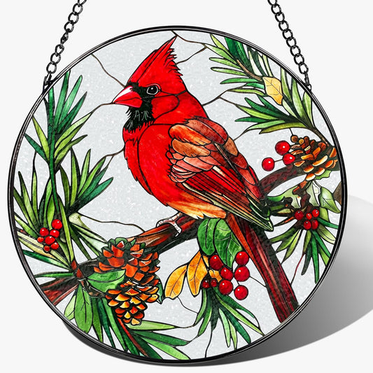 Stained Glass Window Hanging, 8 Inch Cardinal Sun Catcher, Stained Glass Decor, Suncatchers for