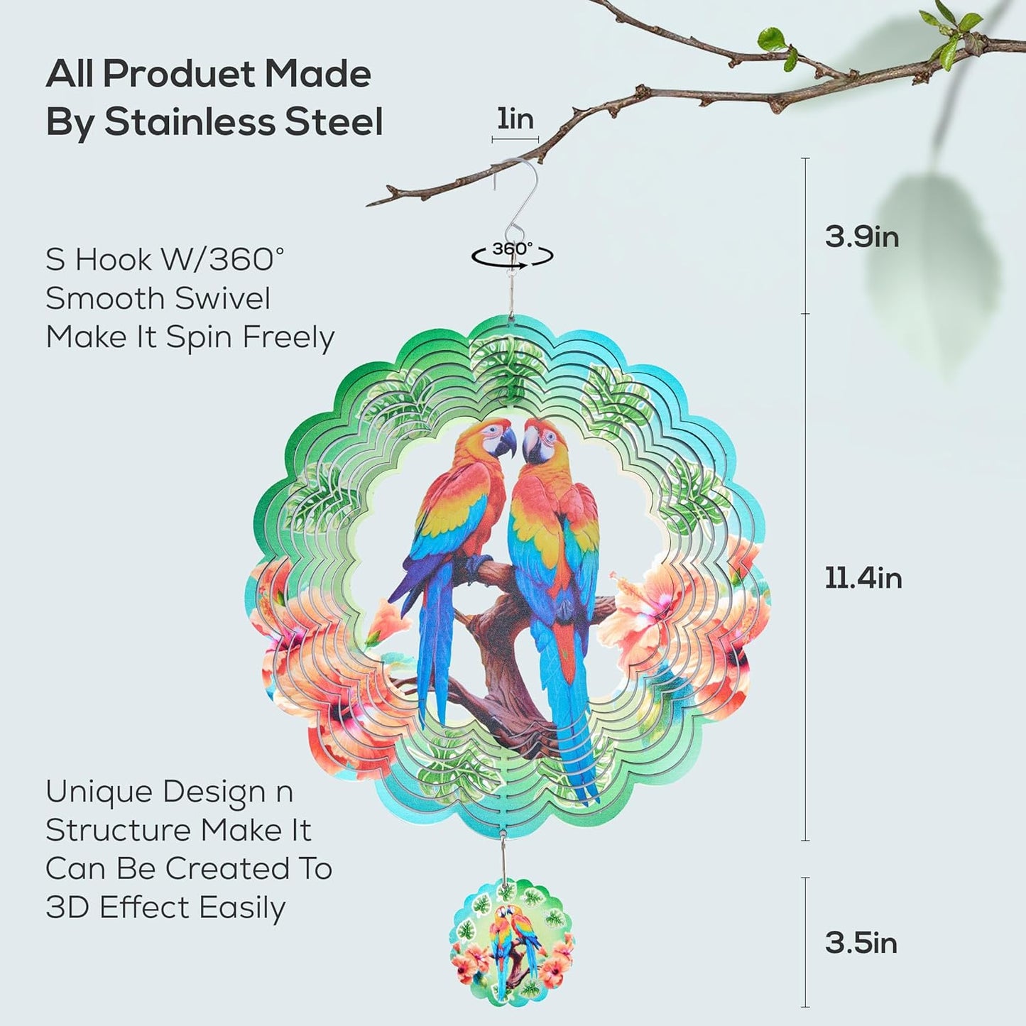Parrot Ornaments, 12 Inches 3D Aluminum Metal Hanging Wind Spinners, for Garden Decor That Spins with The Help of Wind Energy.