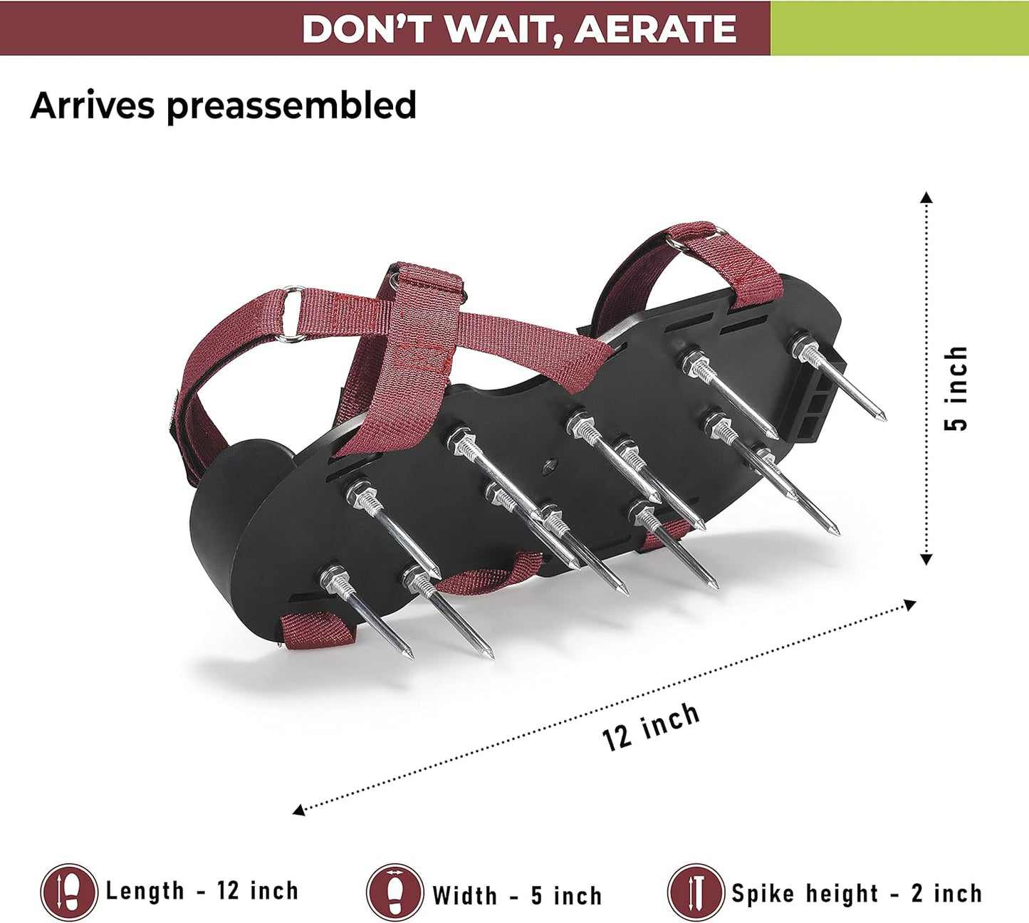 Lawn Aerator Shoes with Hook-and-Loop Straps, Pre-Assembled, Fully Adjustable, One-Size-Fits-All – Lawn and Garden Tool Reduces Thatch, Revives Soil Health (Maroon)