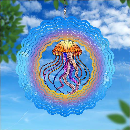 Jellyfish Wind Spinners, 12 inch 3D Stainless Steel Hanging Wind Spinner, Kinetic Sculpture, Blue, Marine Life, Garden Decor