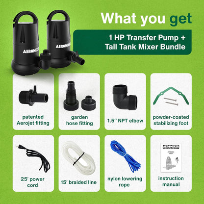 Aeromixer Tall Tank 3/4 HP Submersible Mixing + Aerating Pump with 1 HP Water Transfer Pump Bundle - Water Aerator & Garden Utility Pumps, Nutrient Mixing & Aeration Pumps for Farming & Gardening