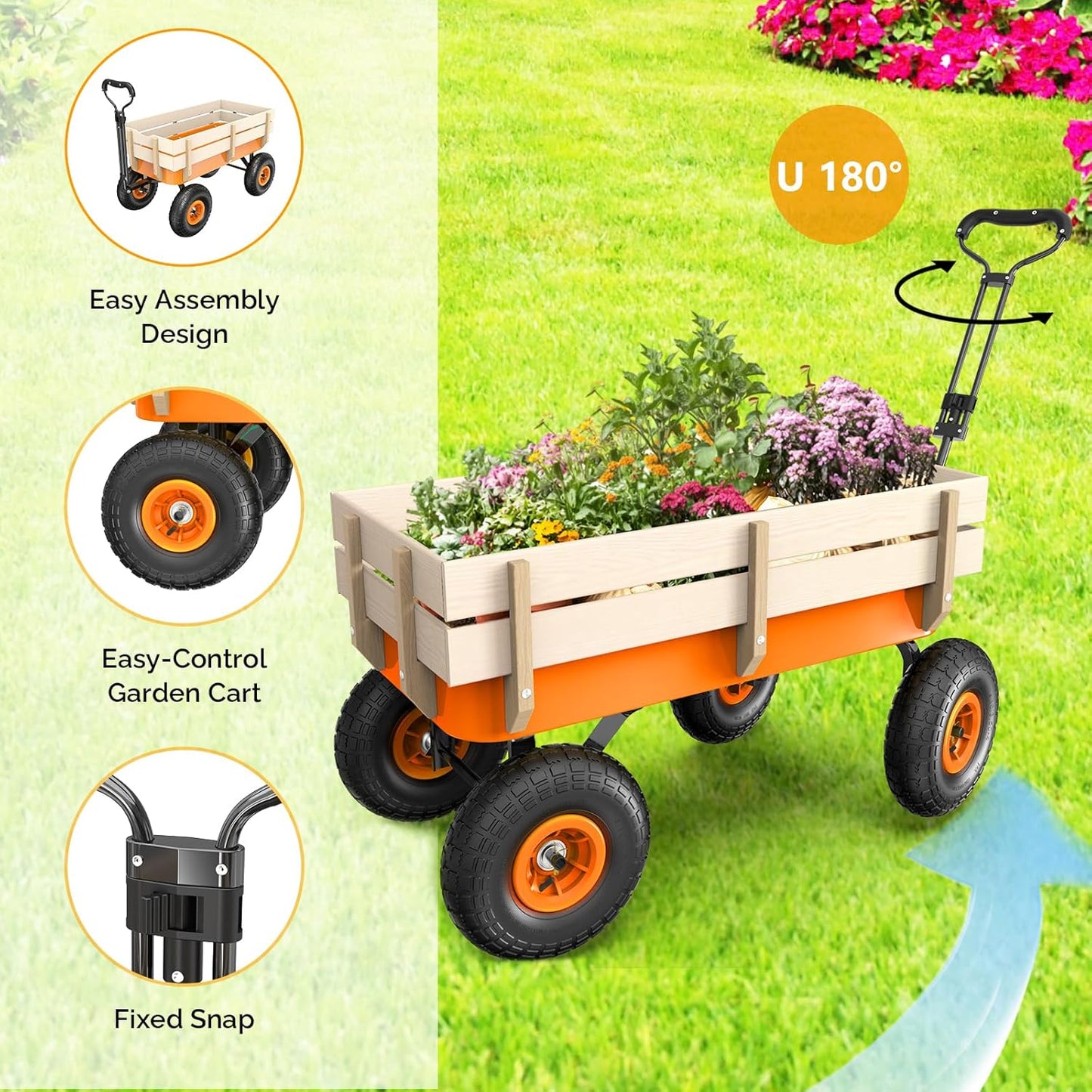 VINGLI Wagon Cart, Steel Frame and Wood Coated Railing, 330lbs All Terrain Wagon 9.2in Solid Tires for Garden and Outdoor (Orange)