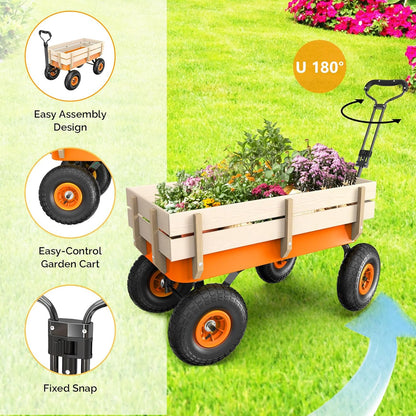 VINGLI Wagon Cart, Steel Frame and Wood Coated Railing, 330lbs All Terrain Wagon 9.2in Solid Tires for Garden and Outdoor (Orange)