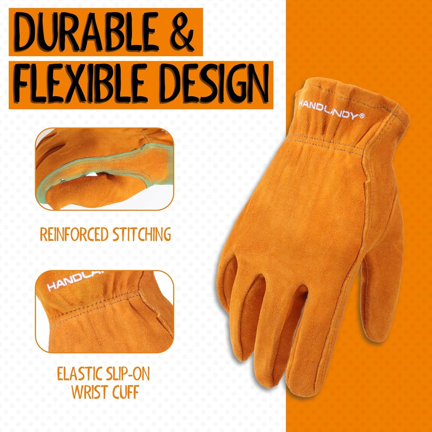 HANDLANDY 2 Pairs Kids Genuine Leather Work Gloves for ages 3-11, Children Gardening Gloves for Boys, Girls (Medium (for age 5-7), Orange)