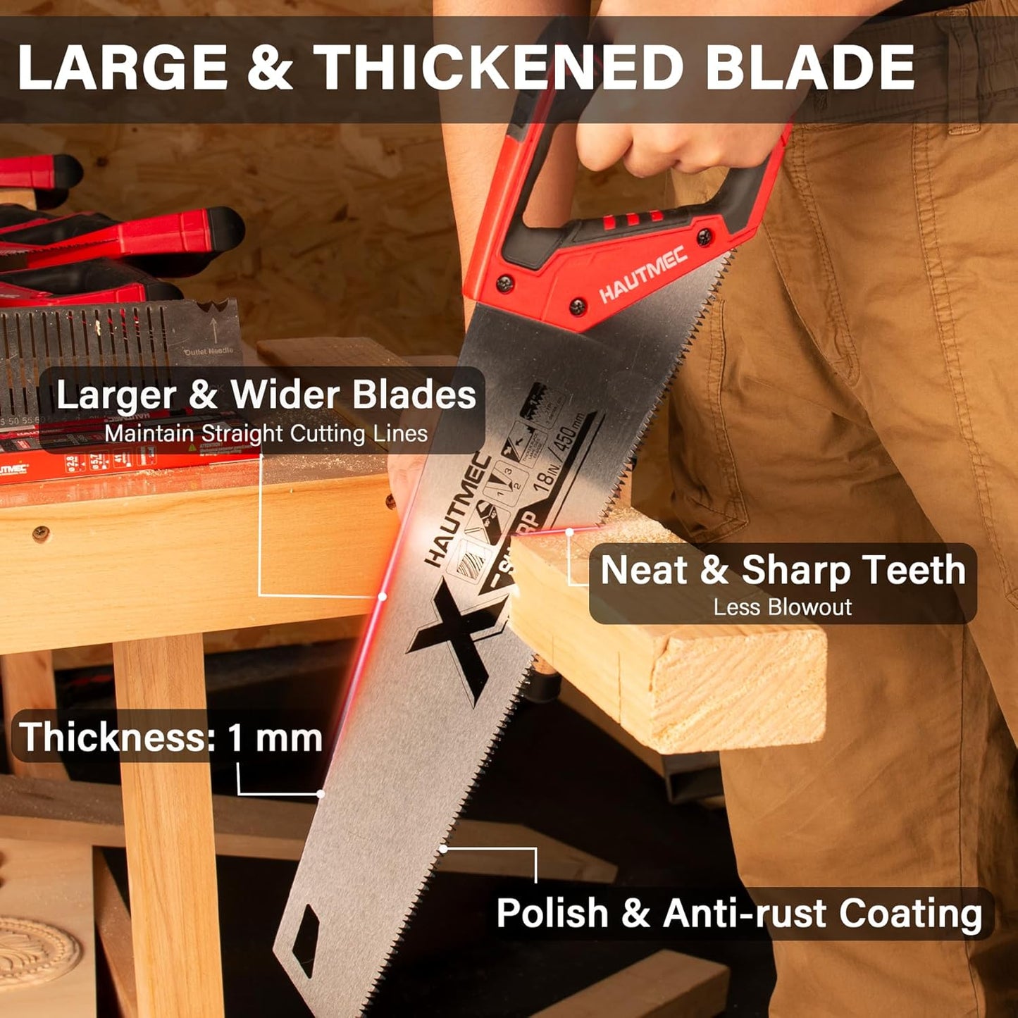 HAUTMEC 18" X-Sharp Pro Hand Saw for Speed and Quality Cuts, Universal Handsaw with 7 TPI /8PPI Triple Ground Teeth, 1mm Thick Blade Ergonomic Bimaterial Soft Handle – HT0151