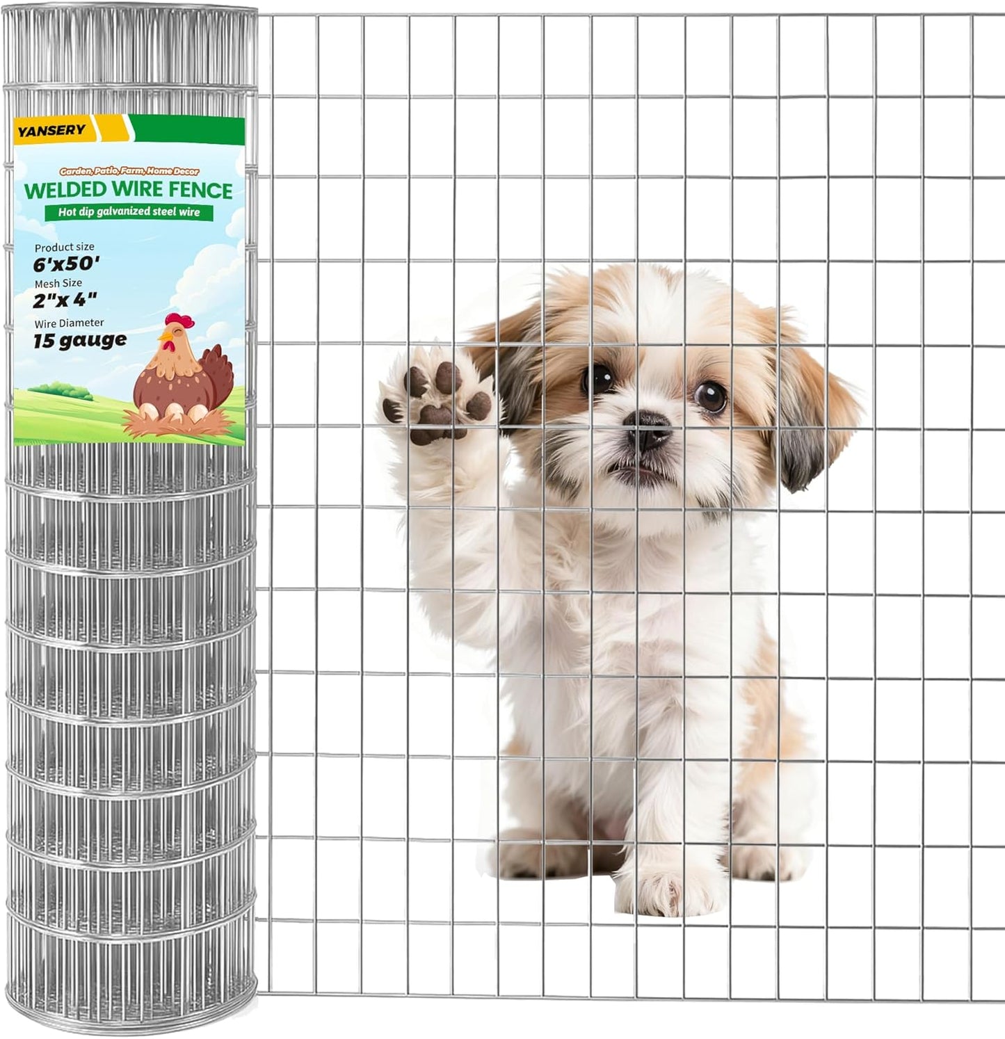 Welded Wire Fence, 6Ft x 50Ft 15Ga Chicken Wire Fencing, Garden Border Fencing Roll Metal Wire Mesh for Yard Vegetable Plant Protection Poultry Netting