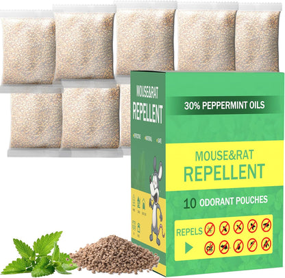 Mouse Repellent Pouches 10Pack with Peppermint Oil: Natural Rodent Repellent Indoor to Get Rid of Rats, Mice, Squirrels - Rat Repellents for House, Car, and Outdoor