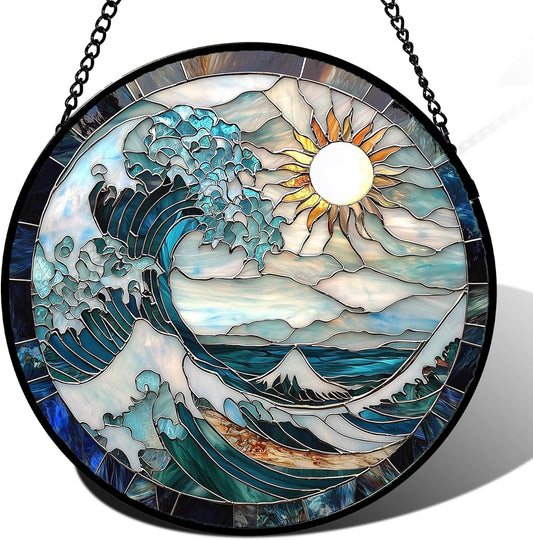 Stained Glass Window Hanging - White Sun Big Wave Suncatcher for Door Terrace Garden Home Decor