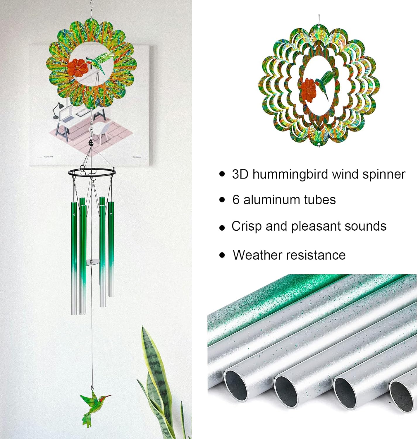 TUOKING Wind Chimes for Outside 3D Hummingbird Wind Spinner Windchimes Outdoor Hanging Decor for Garden Patio, Unique Gift for Mom,Women,Chimes Lovers
