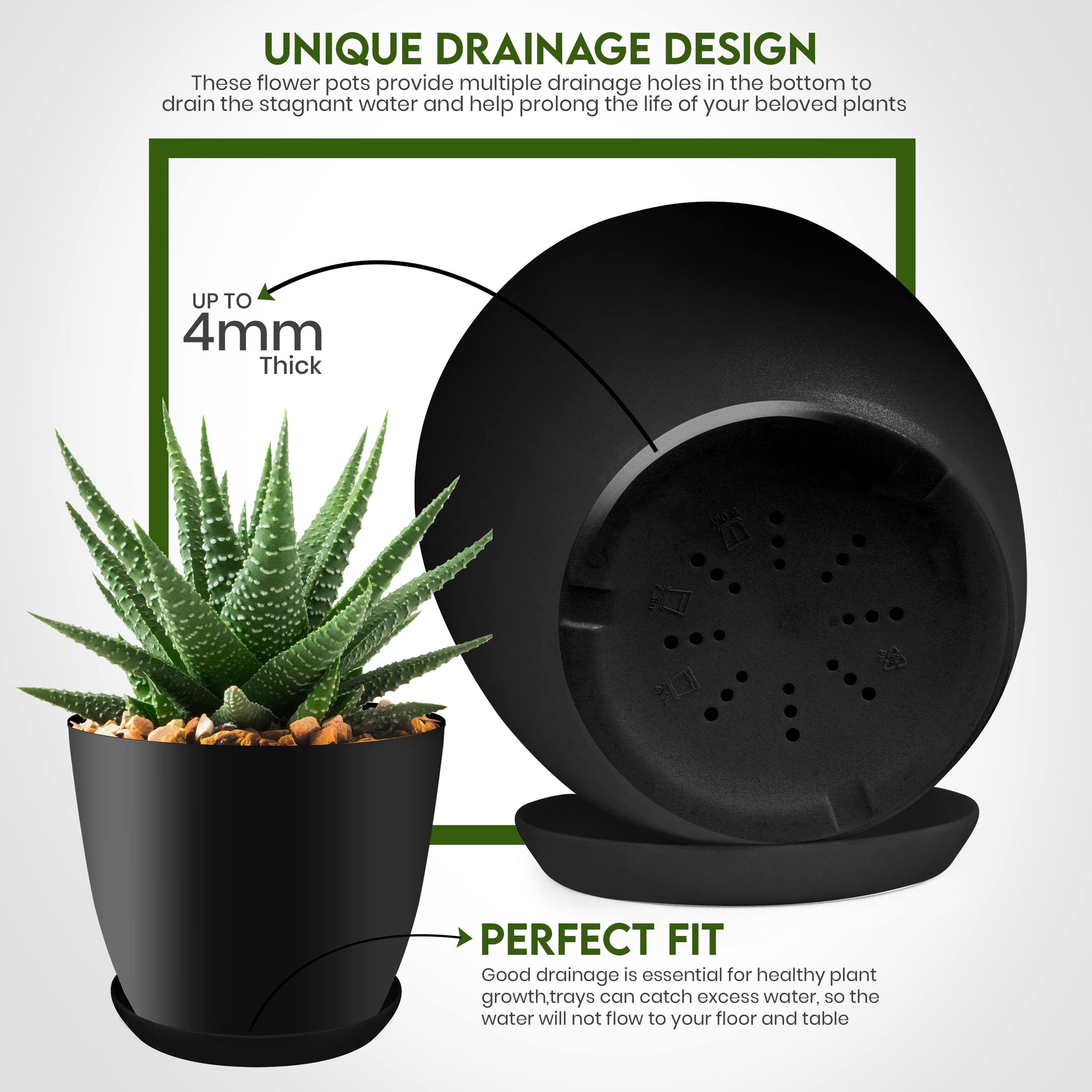 Plant Pots Indoor with Drainage, 5 Pack Multi-Size Planters Set, Black