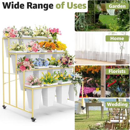 Flower Display Stand 4 Layers with 16 PCS Square Buckets, Plant Stand with Wheels, Movable Metal Plant Stand for Terrace Garden, Living Room, Florist Shop