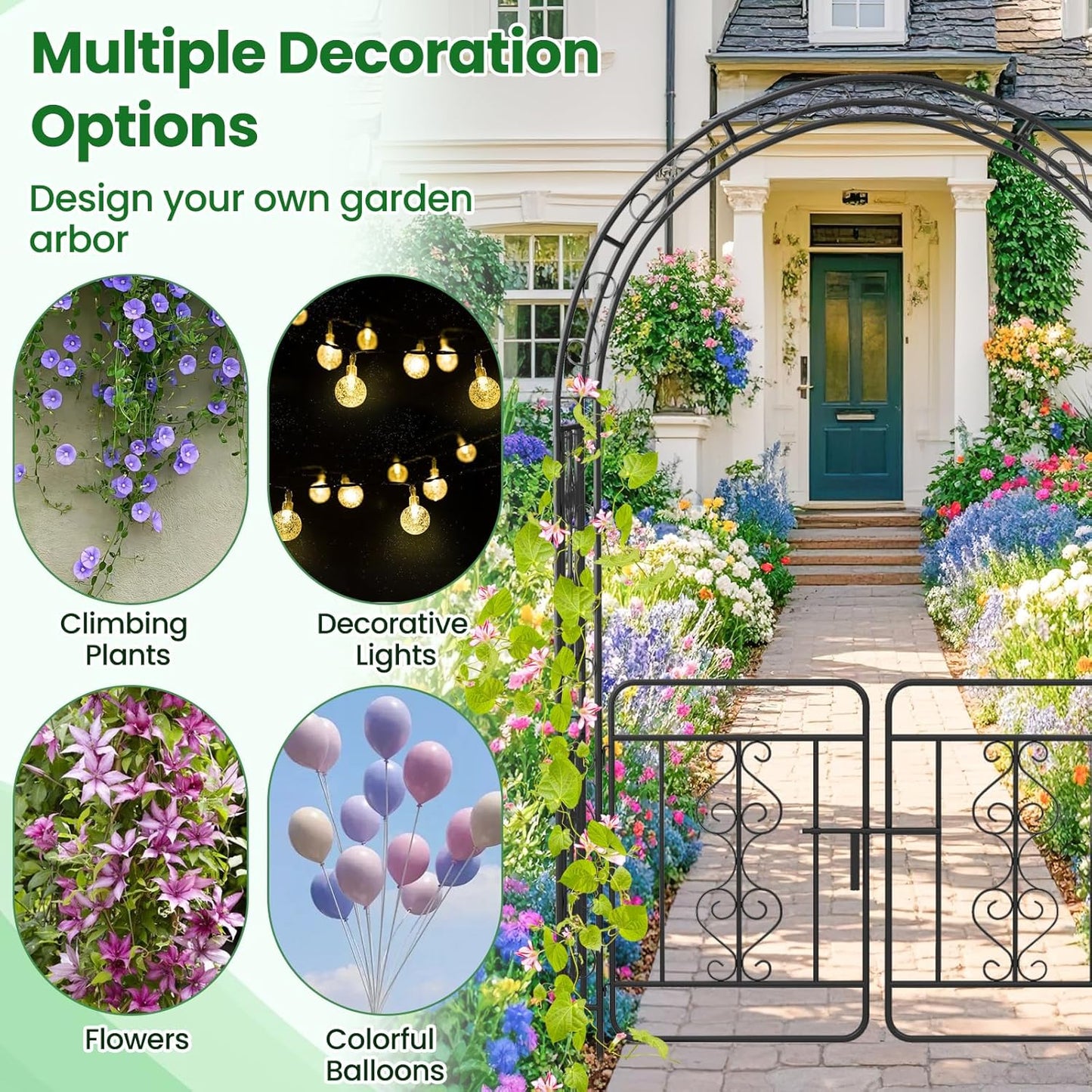 Moccha Garden Arch, 84" Arbor Trellis with Lockable Gate for Climbing Plants, Roses, Vines, Outdoor Pergola Archway, Heavy-Duty Garden Arbor for Lawn Patio Bridal Party Decoration Pathway Ceremony