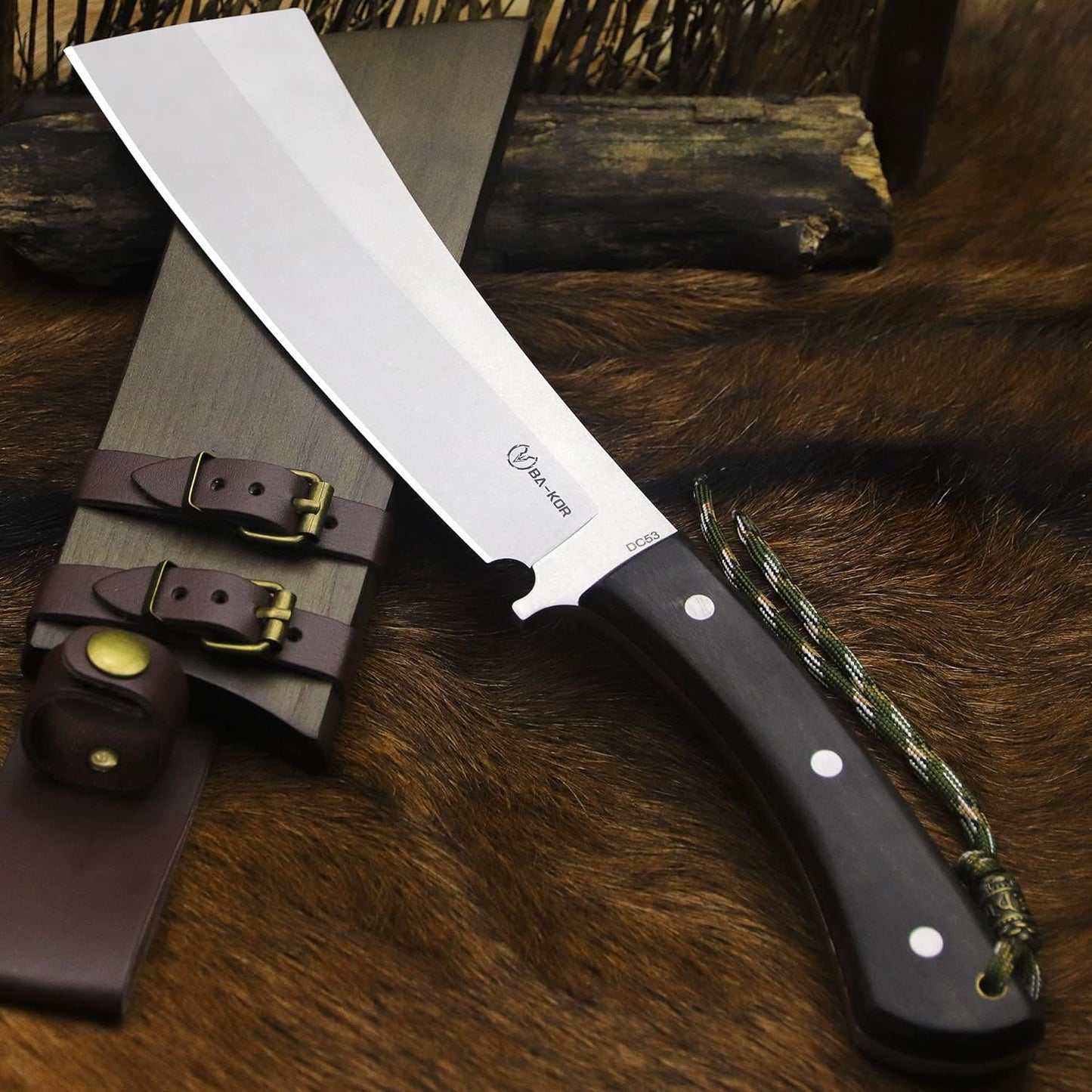 BA-KOR (Pioneer ) (14.6") DC53 steel 6mm thickened full Tang fixed knife+ Wooden sheath &(5.9IN) Cerium Igniter, suitable for outdoor hunting, cutting, chopping, camping, obstacle removal, exploration, fishing, EDC, BBQ (Sanding finish version)