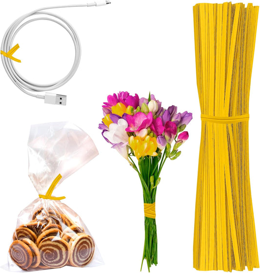 APQ Yellow Metallic Twist Ties for Bags, 4 inches. 24000 Pack Plastic-Coated Bread Twist Ties for Treat Bags. Reusable Bread Ties. Light Metallic Twist Tie. Heavy-Duty Twisty Ties for Bags
