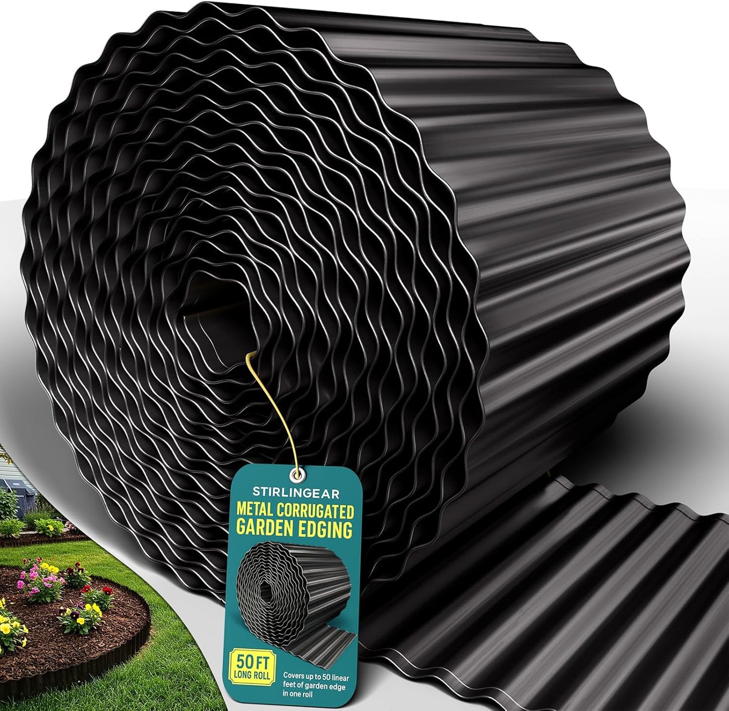 50FT Black Corrugated Metal Landscape Edging – Flexible & Rustproof Garden Edging Border, Decorative Metal Trim for Flower Beds, Lawn, Driveway, Walkway & Raised Beds