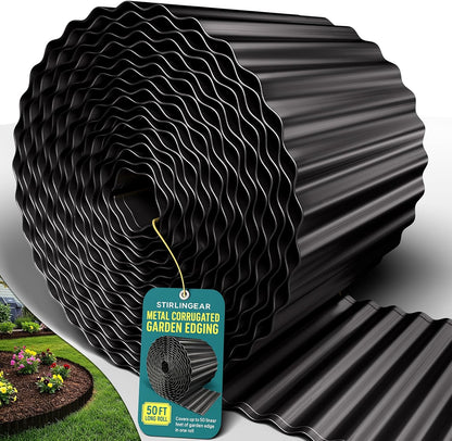 50FT Black Corrugated Metal Landscape Edging – Flexible & Rustproof Garden Edging Border, Decorative Metal Trim for Flower Beds, Lawn, Driveway, Walkway & Raised Beds