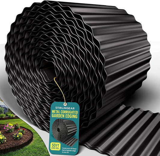 50FT Black Corrugated Metal Landscape Edging – Flexible & Rustproof Garden Edging Border, Decorative Metal Trim for Flower Beds, Lawn, Driveway, Walkway & Raised Beds