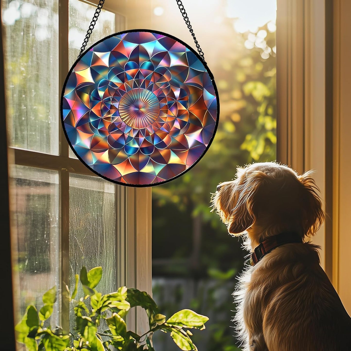 Stained Glass Window Hanging Color Gradient Large 15" - Suncatcher Door Garden Sunroom Sun Catcher Decor, Unique Housewarming Birthday for Mom Grandma Home Owner Woman