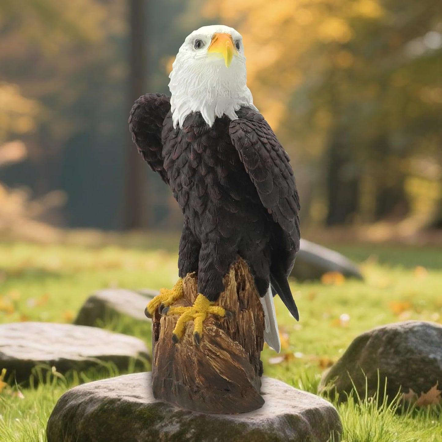 Garden Sculpture Hand-Painted Bald EagleResin Statue 14.2 Inch Tall with Stump Base Realistic Feather Texture & Vivid Postures for Home Office Yard Ornament