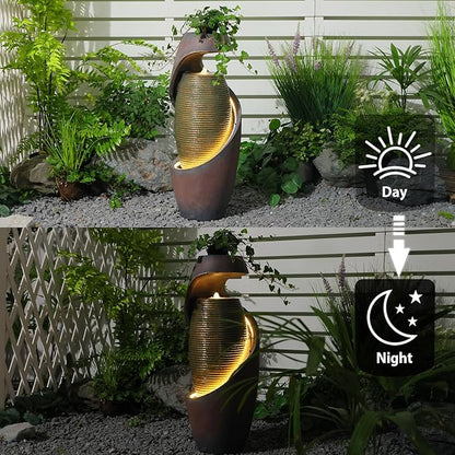 29.5’’H Modern Outdoor Fountain - Curved Spiral Waterfall Indoor/Outdoor with LED Light & Planter Bowl, Resin Garden Fountains for Patio, Yard, Backyard, Porch, Home Art Decor, 11.8" L x 11.8" W