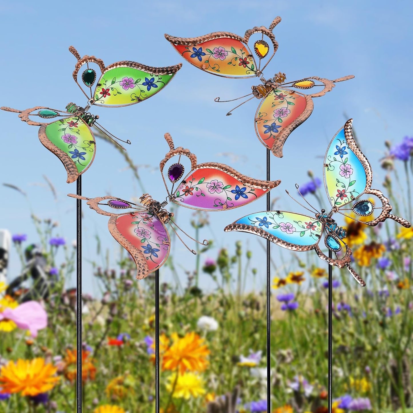 Juegoal Set of 4 Butterfly Garden Stake Decor, 32" Metal Colorful Butterflies Stakes, Yard Art Ornaments for Mom, Mothers Day Ideal Gifts, Outdoor Lawn Porch Pathway Patio Plant Pot Flower Bed