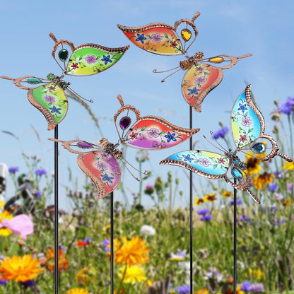 Juegoal Set of 4 Butterfly Garden Stake Decor, 32" Metal Colorful Butterflies Stakes, Yard Art Ornaments for Mom, Mothers Day Ideal Gifts, Outdoor Lawn Porch Pathway Patio Plant Pot Flower Bed