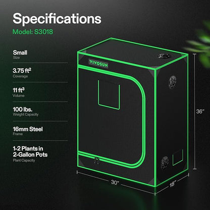 VIVOSUN S3018 30"x18"x36" Grow Tent, High Reflective Mylar with Observation Window and Floor Tray for Hydroponics Indoor Plant for VS1000